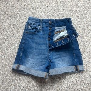 Aeropostale Super High Rise Curvy Midi Jean Shorts Women's 000 Blue Button Fly